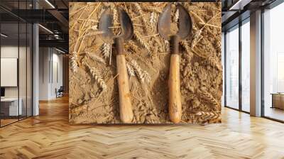 Ears of wheat and old sickle in field, nature background. Wheat field harvest and ripe wheat straw. Autumn, harvest, labor day, crop circles, harvest, agriculture concept. Top view\, HD wallpaper, bac Wall mural